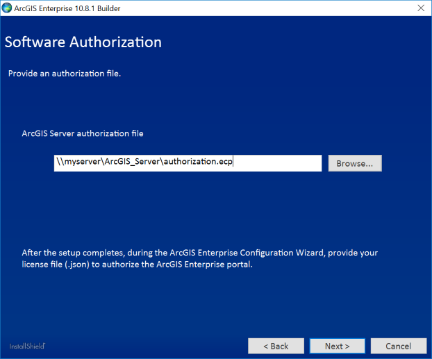 Provide the location for your ArcGIS Server authorization file.
